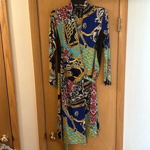 Julian Chang Women’s Chain Print Colorful Wrap Dress Gold Blue Size Medium